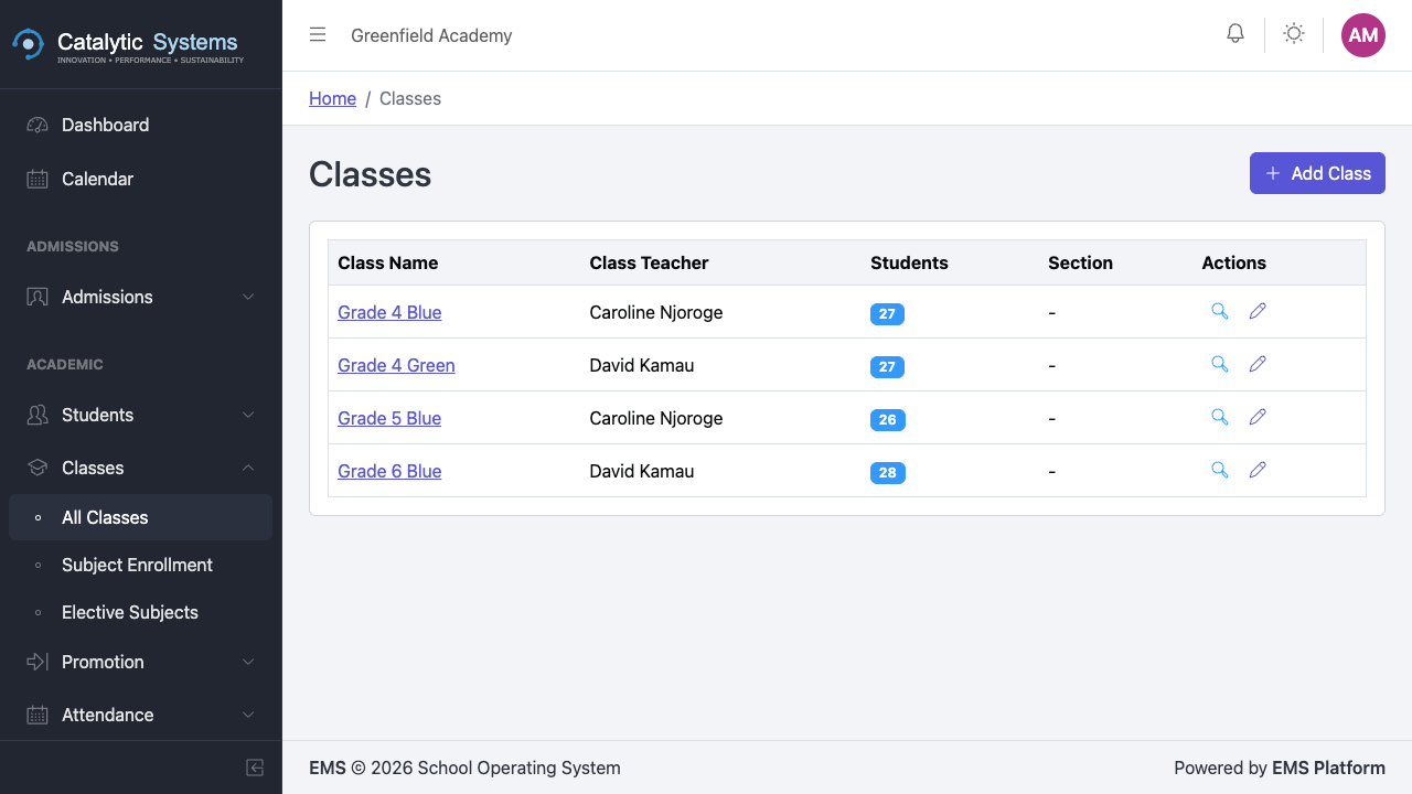 Classes list