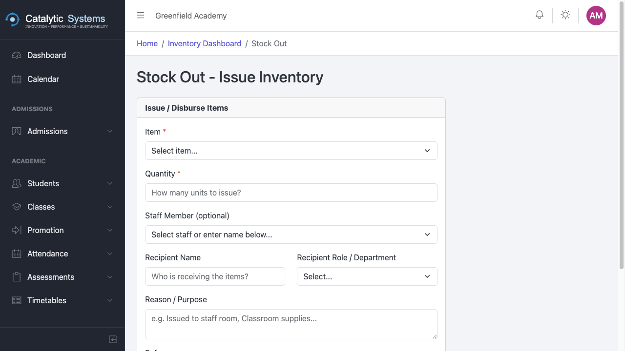 Stock Out form