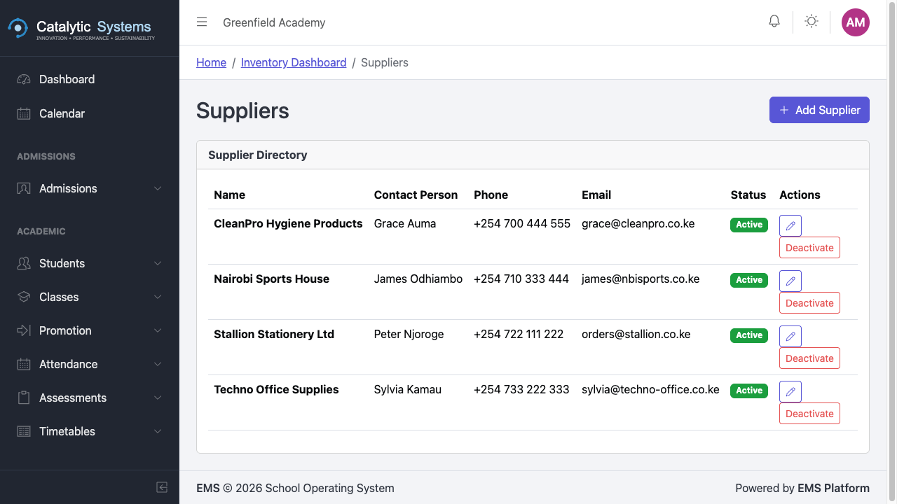 Suppliers list
