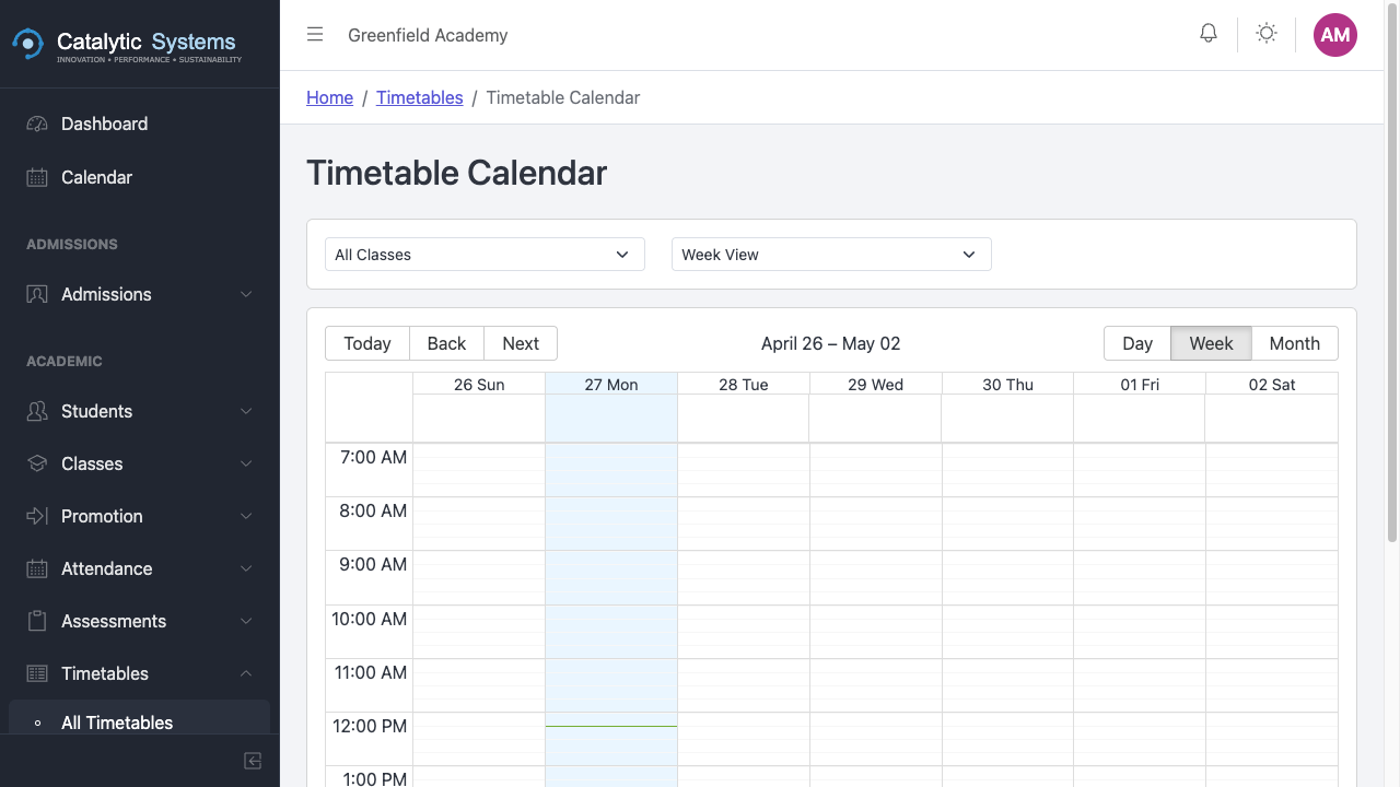 Timetable calendar view